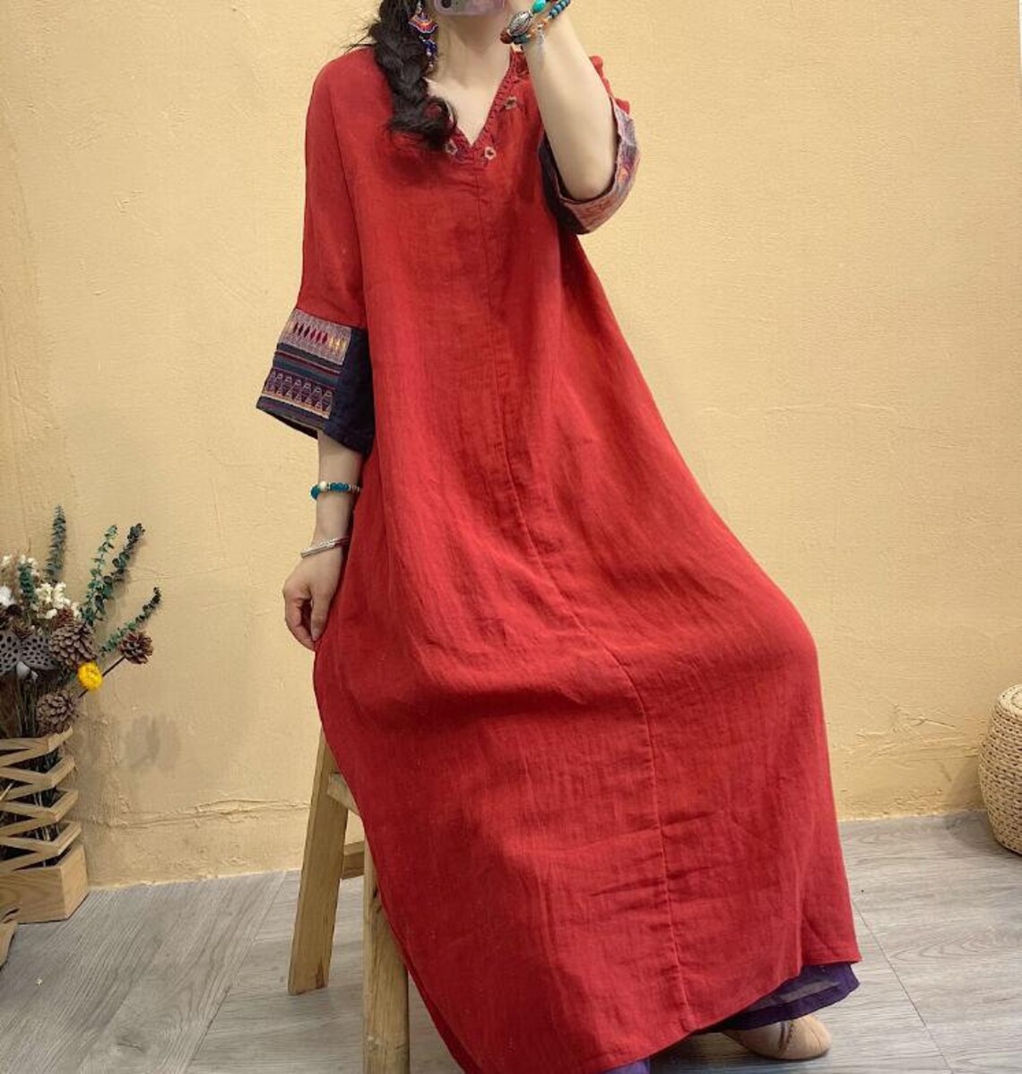 Women Linen Dresses 3/4 Sleeve Dress Linen Long Dress Loose Etsy