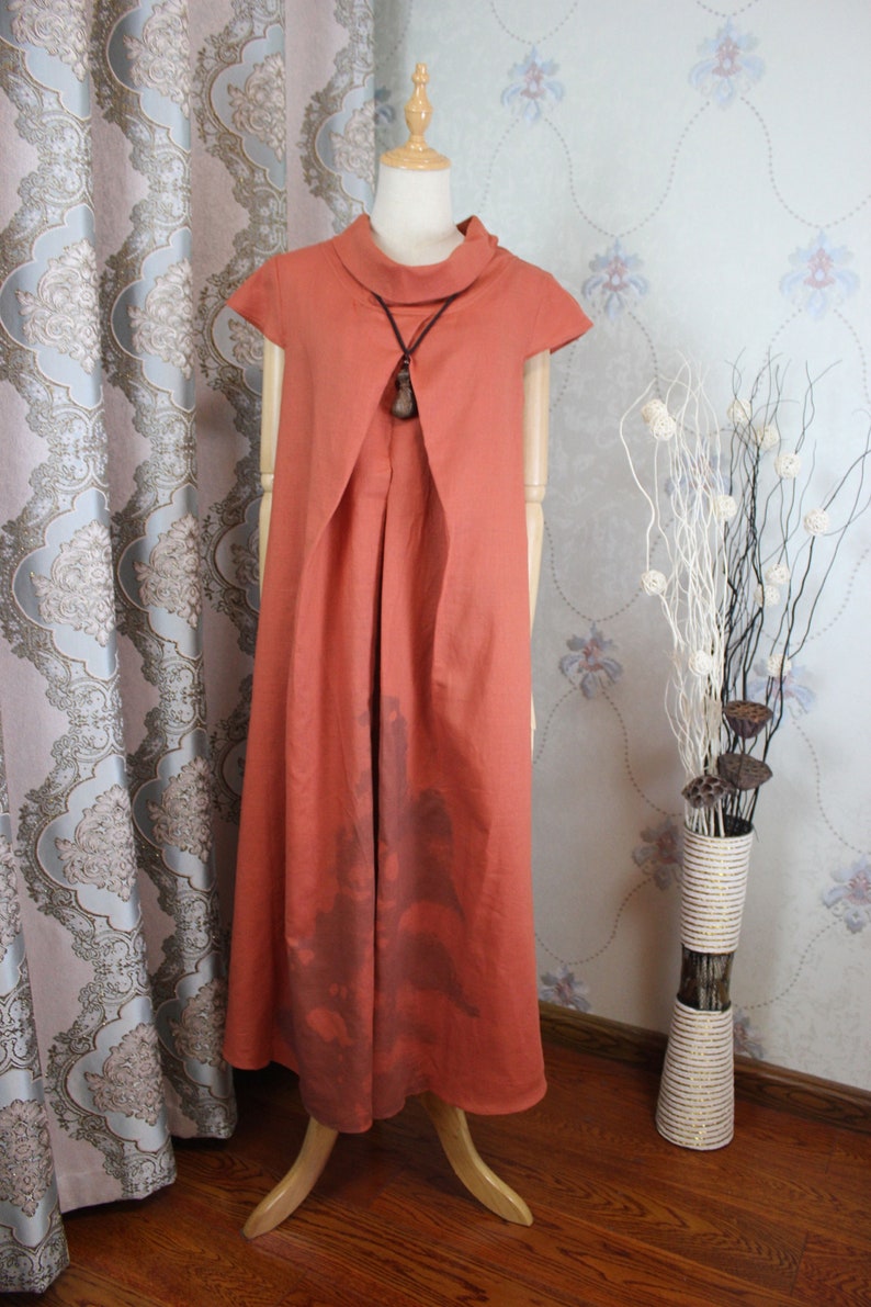 Summer Linen dress, Womens dress, brick red dresses, Short sleeve dress, long linen dress, party dress image 2