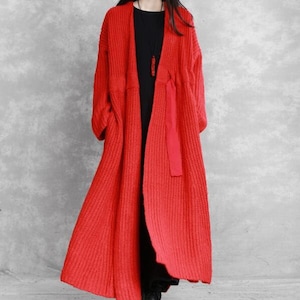 Women Long coat, Sweater Cardigan coat, Waist tie coat, Loose sweater coat, with pockets coat, Women Coat image 7