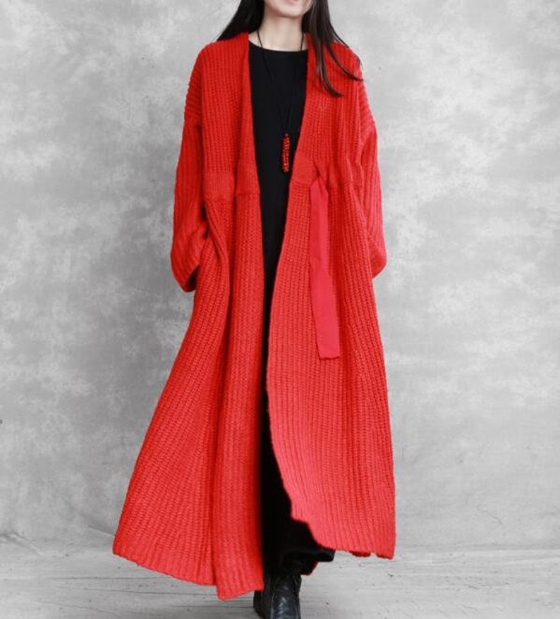 Women Long coat, Sweater Cardigan coat, Waist tie coat, Loose sweater coat, with pockets coat, Women Coat image 7
