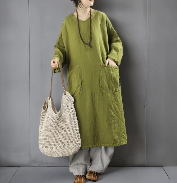 Spring Autumn Linen Long Dress Women's, Minimalist Oversized Dress With  Pockets, Dresses for women