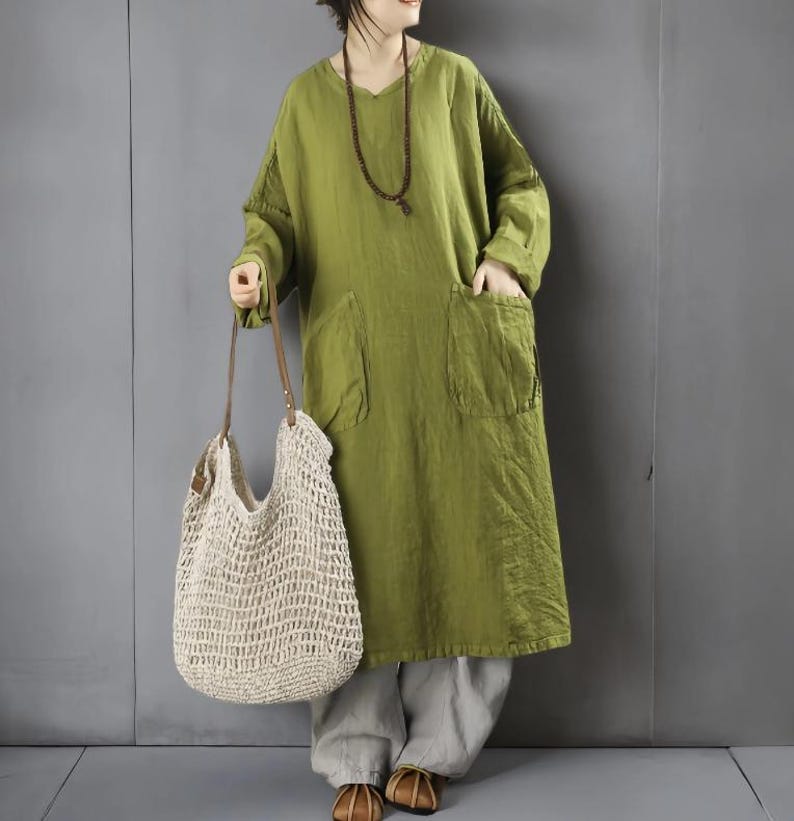 Spring Autumn Linen Long Dress Women's, Minimalist Oversized Dress With Pockets, Dresses for women avocado