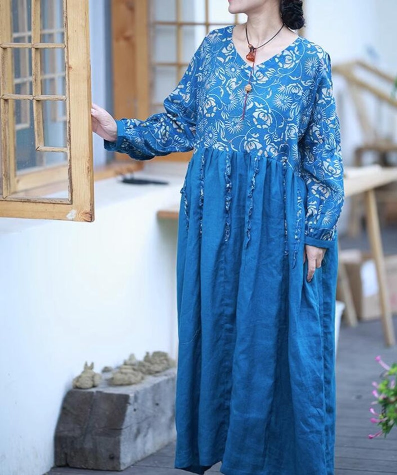 Women blue maxi dress, Linen long dress, loose Dress with Pockets, Prom Dress, Cocktail Dress, Linen Dresses for women, party dress image 7