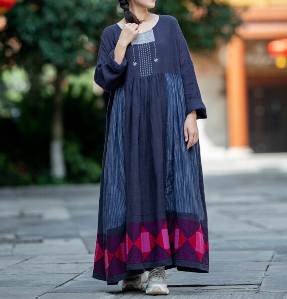 Womens dark blue Linen long Dress Linen robe womens maxi | Etsy