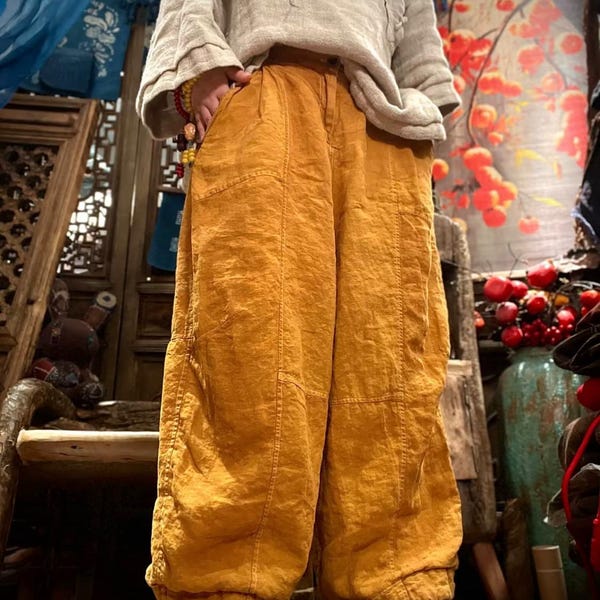 Pantalon en lin pour femme Spring, Pantalon décontracté ample jaune, Pantalon avec poches