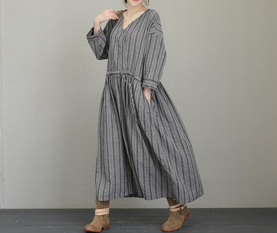 Linen dress Loose striped dress for women Linen Maxi dress | Etsy