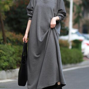 MaLieb Women Cotton Maxi Dress, Long Dress Casual, Loose Fitting Longsleeve Dress, Large Size Robe, Gray Dress with Pockets