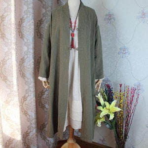 Linen Loose Fitting shirt, Spring Women gown, long Coat shirt, Army green Linen Cardigan, Linen Blouse for Women image 1