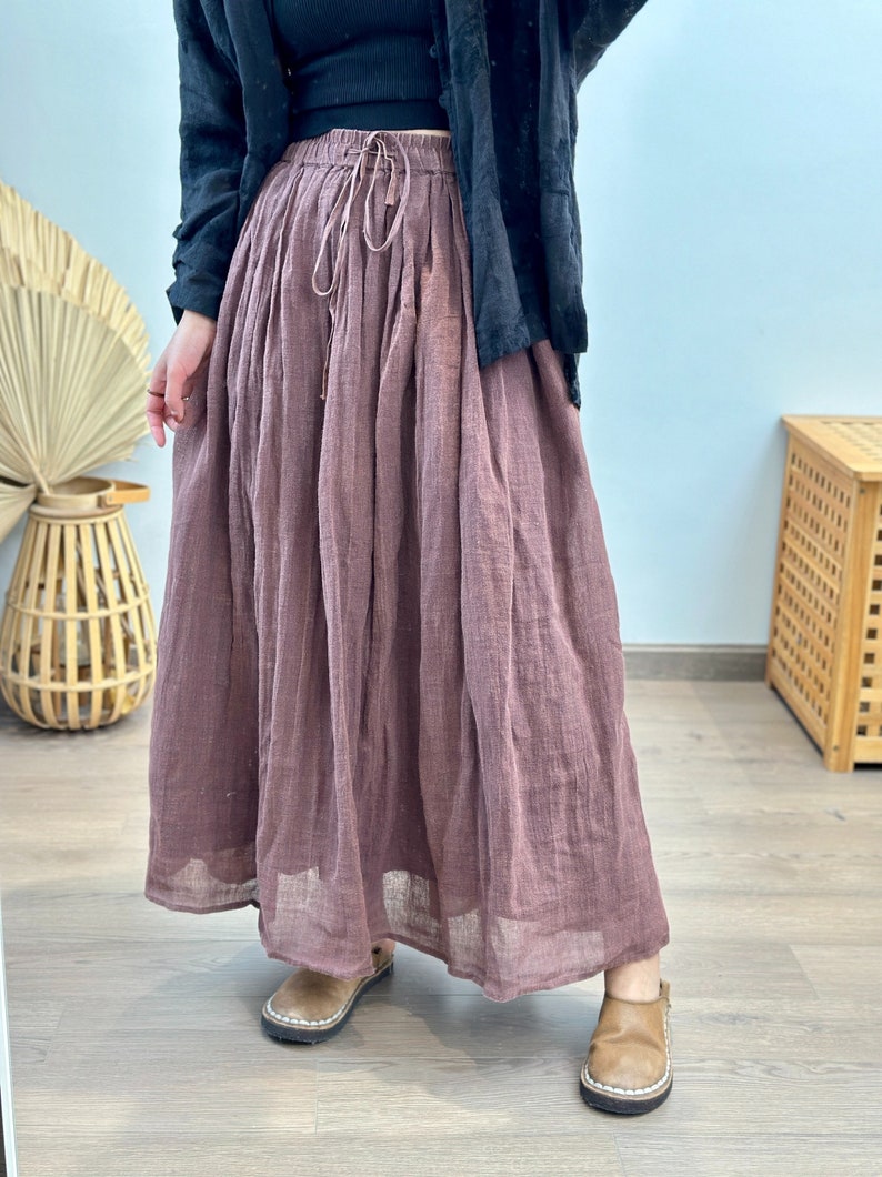 Women Linen skirt, Linen Skirt for women, Long Linen Skirt, skirt with pockets, Spring Swing Skirt, Elastic Waist Skirt Bean paste coffee