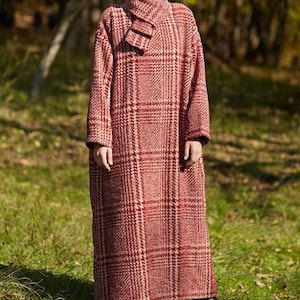 Women Wool Maxi Dress Retro Plaid Winter dress with Pockets