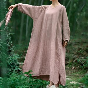 Women Maxi Dresses, Long Linen Dresses, Linen robe, Dresses with pockets, Spring Summer dress, Oversized dresses, dresses for women Pink