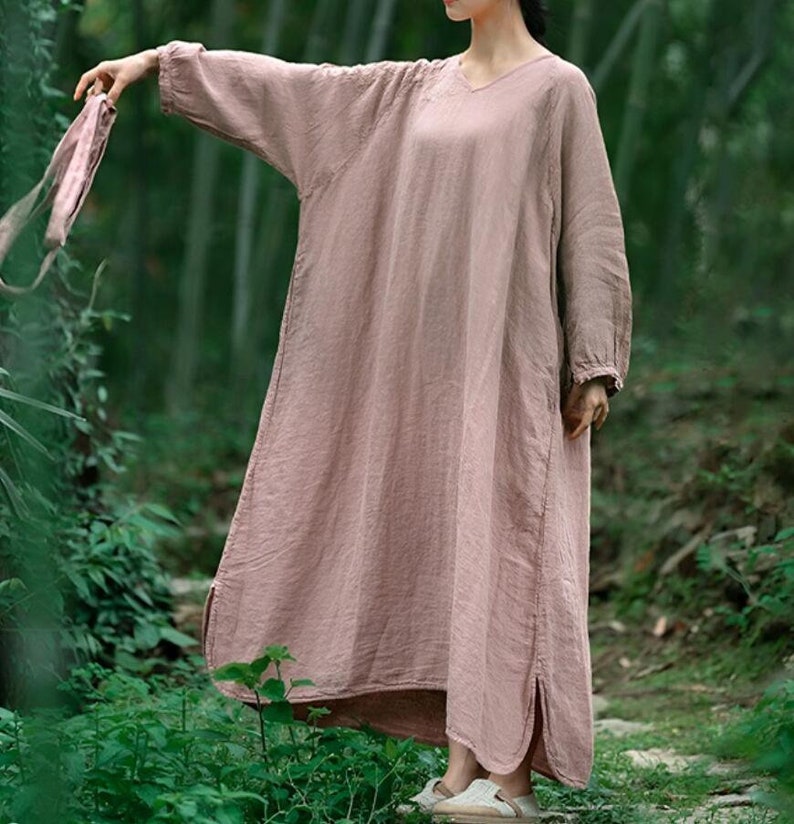 Women Maxi Dresses, Long Linen Dresses, Linen robe, Dresses with pockets, Spring Summer dress, Oversized dresses, dresses for women Pink