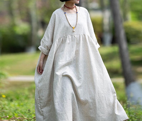 Womens Beige Maxi Dress Large Size Long Dress Linen Long | Etsy