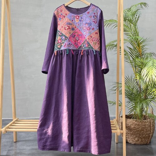 Summer Long Sleeve Printed Split Hem Baggy Kaftan Long Dress Sttech1 Women Vintage Cotton and Linen Dress 