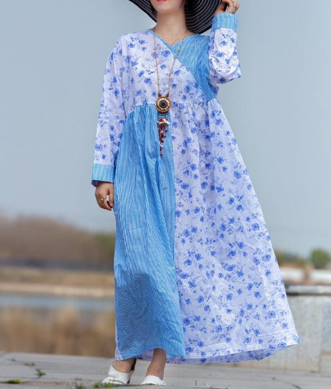 Womens Cotton Long Dresses Large Size Dresses Longsleeve Etsy
