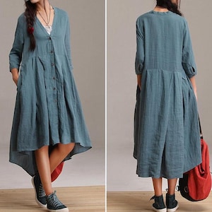 Women Shirt dress, summer Women Dresses, flared dress, Plus Size dress, Asymmetry cotton Shirt, Women top, long linen shirt, cardigan dress image 2