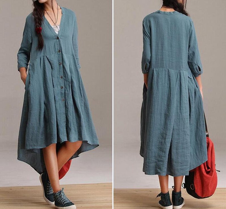 Women Shirt dress, summer Women Dresses, flared dress, Plus Size dress, Asymmetry cotton Shirt, Women top, long linen shirt, cardigan dress image 2