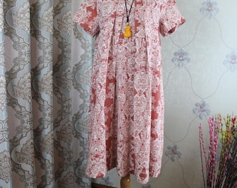Linen Midi Dress: Short Sleeve Pleated Loose Fit