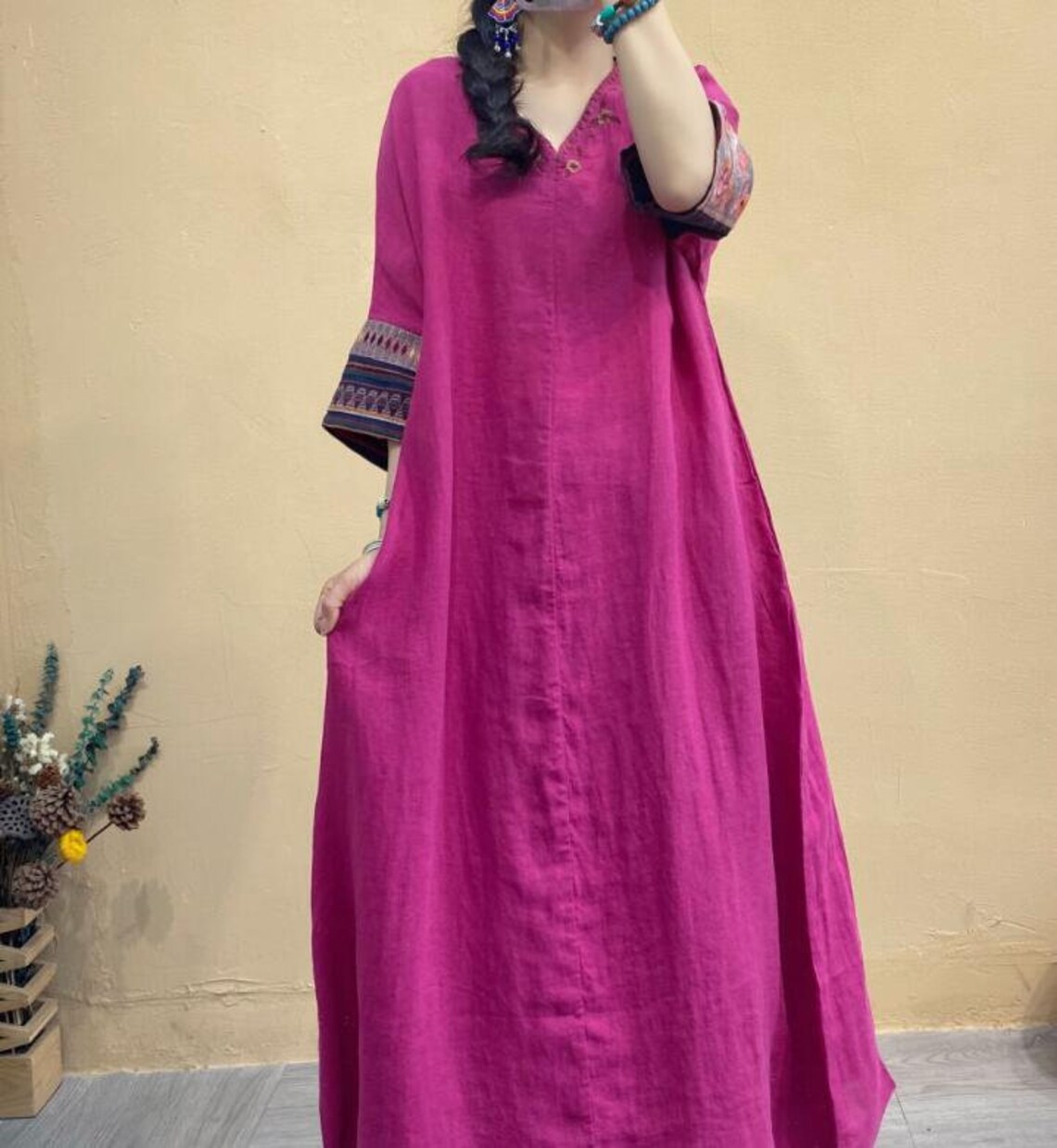Women Linen Dresses 3/4 Sleeve Dress Linen Long Dress Loose Etsy