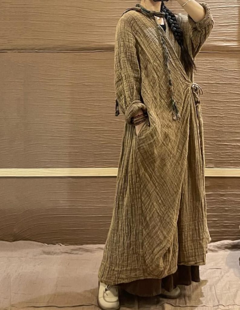 Linen Maxi Dress for Women, Loose Spring Dress with Pockets, Vintage Long Sleeve Dresses image 2