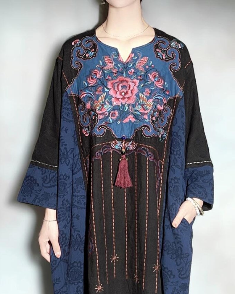 Linen Women dress, Black maxi dress, retro dresses, linen robe, Linen dress with pockets, Oversized dress image 5