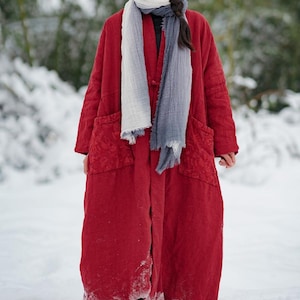 Women Oversized Linen Maxi Coat/ Vintage Long Padded Winter Outerwear
