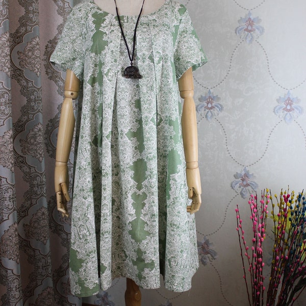 Women Linen midi dress, short sleeve dress, pleated dress, Loose Fitting Dress