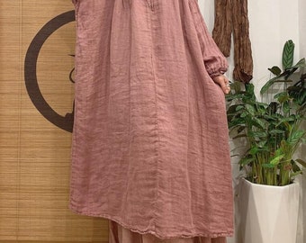 Vestido largo de lino para mujer, vestidos oversize de primavera y otoño, vestido holgado con bolsillos