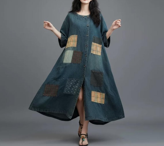 loose casual denim dress Casual Lady Midi Denim A-Line Dress Loose Button Korean Jean Dress Fashion  Retro