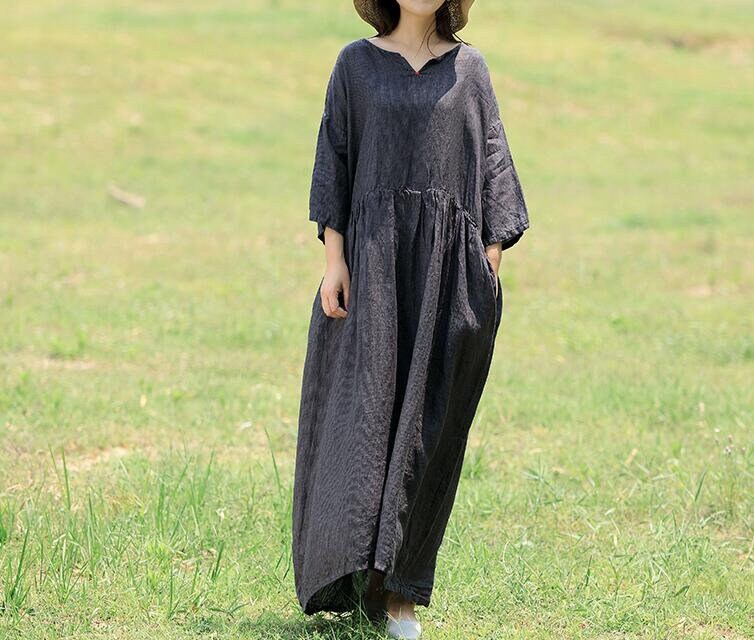 Large size linen Maxi dress in dark grey Long linen dress