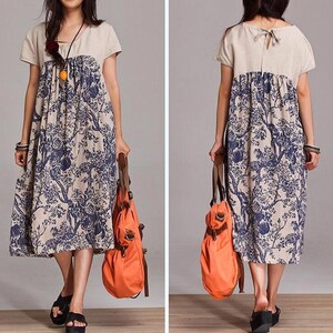 Linen Midi Dress Summer Short sleeve dress Retro Loose Women Dresses