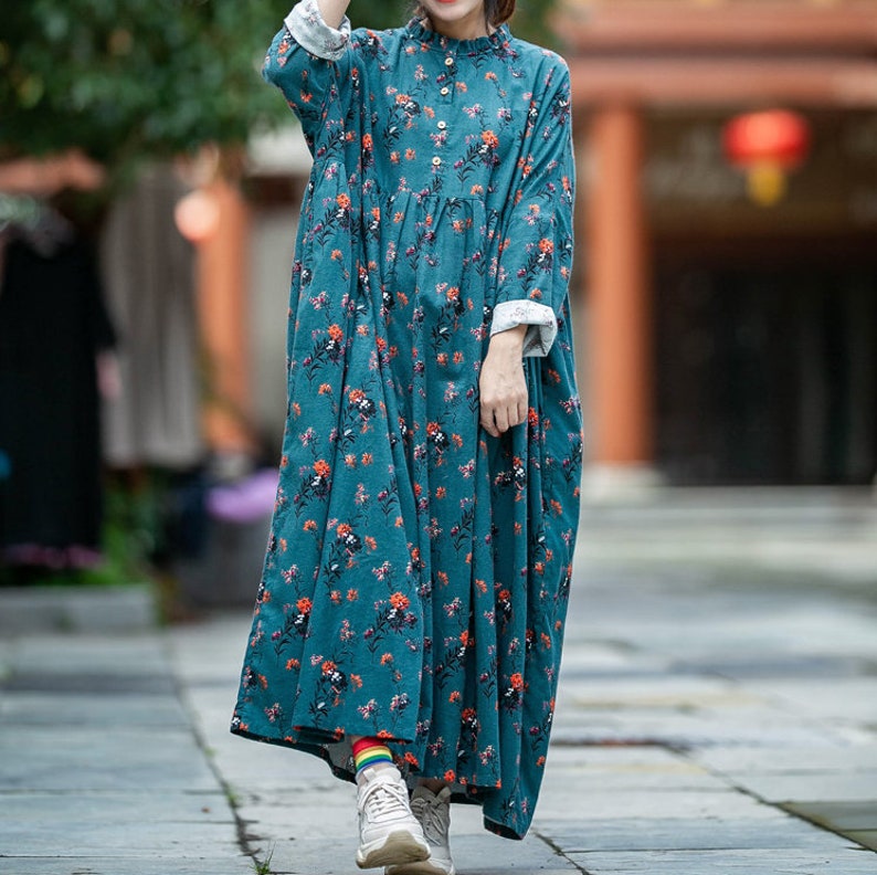 Women Cotton long Floral dresses, plus size dresses, boho maxi dress, skater dress, Oversized Dresses 