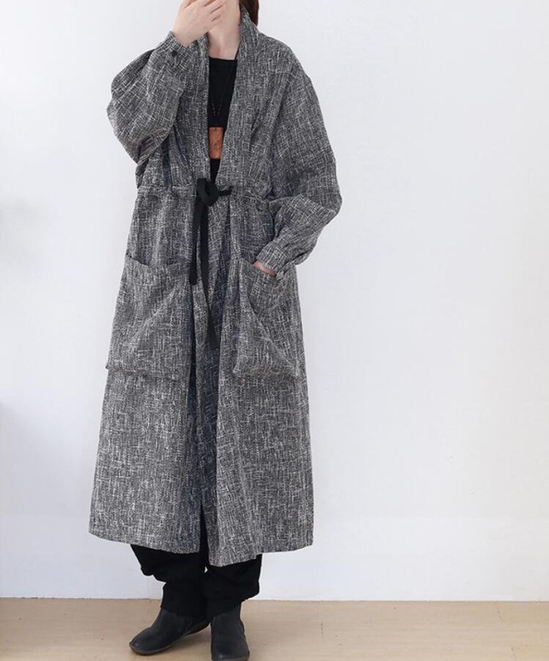 Womens Linen loose long coat, Womens Windbreaker, spring large size coat, gray coat, oversized coat image 4