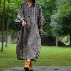 Gray Linen Summer Dress/ Long Women Dresses/ Retro Linen Robe
