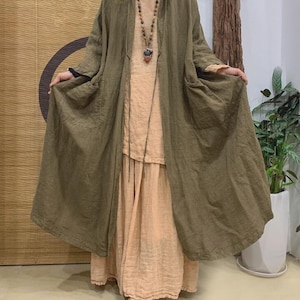 Linen coat for women, Maxi coat, coat with pockets, spring lace-up coat, long linen windbreaker, Womens Thin Coat, 3/4 Sleeves Linen coat image 4