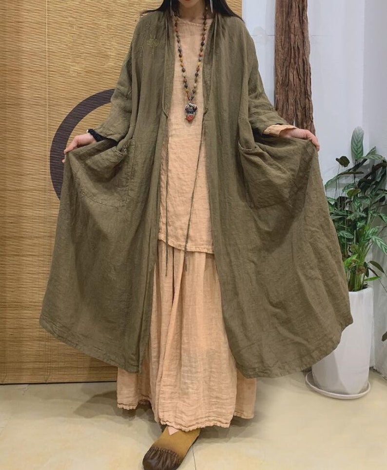 Linen coat for women, Maxi coat, coat with pockets, spring lace-up coat, long linen windbreaker, Womens Thin Coat, 3/4 Sleeves Linen coat image 4