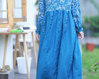 Women blue maxi dress, Linen long dress, loose Dress with Pockets, Prom Dress, Cocktail Dress, Linen Dresses for women, party dress