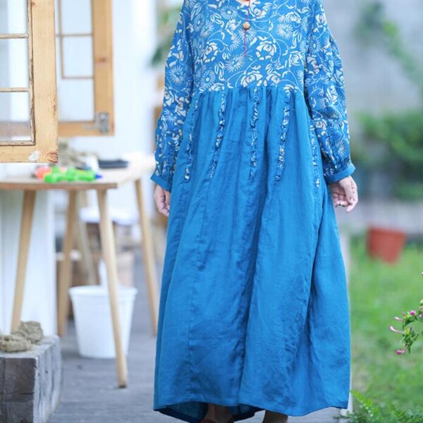Women blue maxi dress, Linen long dress, loose Dress with Pockets, Prom Dress, Cocktail Dress, Linen Dresses for women, party dress