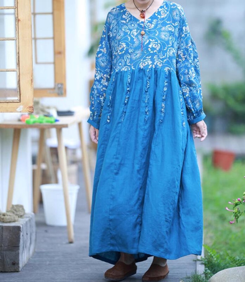Women blue maxi dress, Linen long dress, loose Dress with Pockets, Prom Dress, Cocktail Dress, Linen Dresses for women, party dress image 1