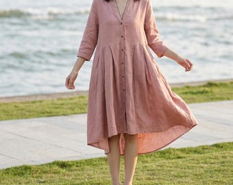 Women’s Linen Shirt Dress, Summer Long Cardigan, Dresses with Pockets