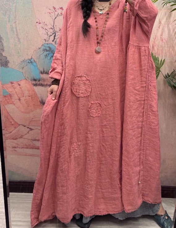 Women Linen Maxi Dress, Loose Vintage dress with Pockets, Spring dresses for Women's
