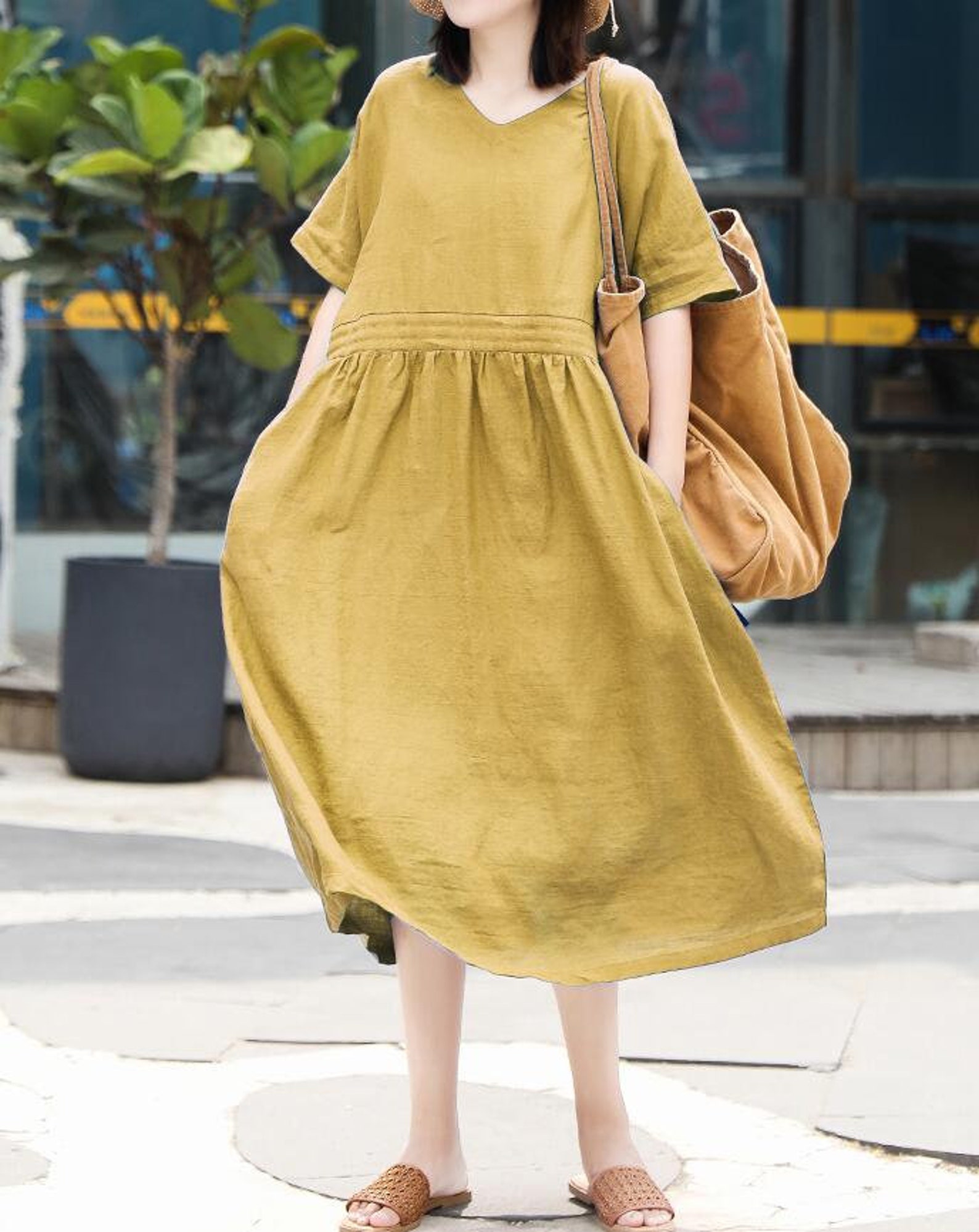 Women dresses Yellow Linen dress summer Loose Fitting Dress | Etsy