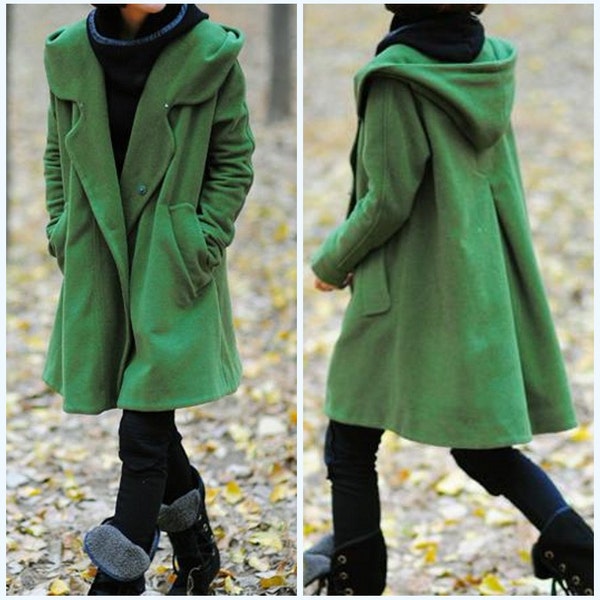 Grass green Wool Coat, Women's winter Coat, Hooded midi Coat, Wool cape, women overcoat