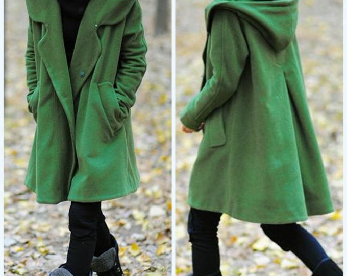 Grass Green Wool Coat Women's Winter Coat Hooded Midi Etsy UK
