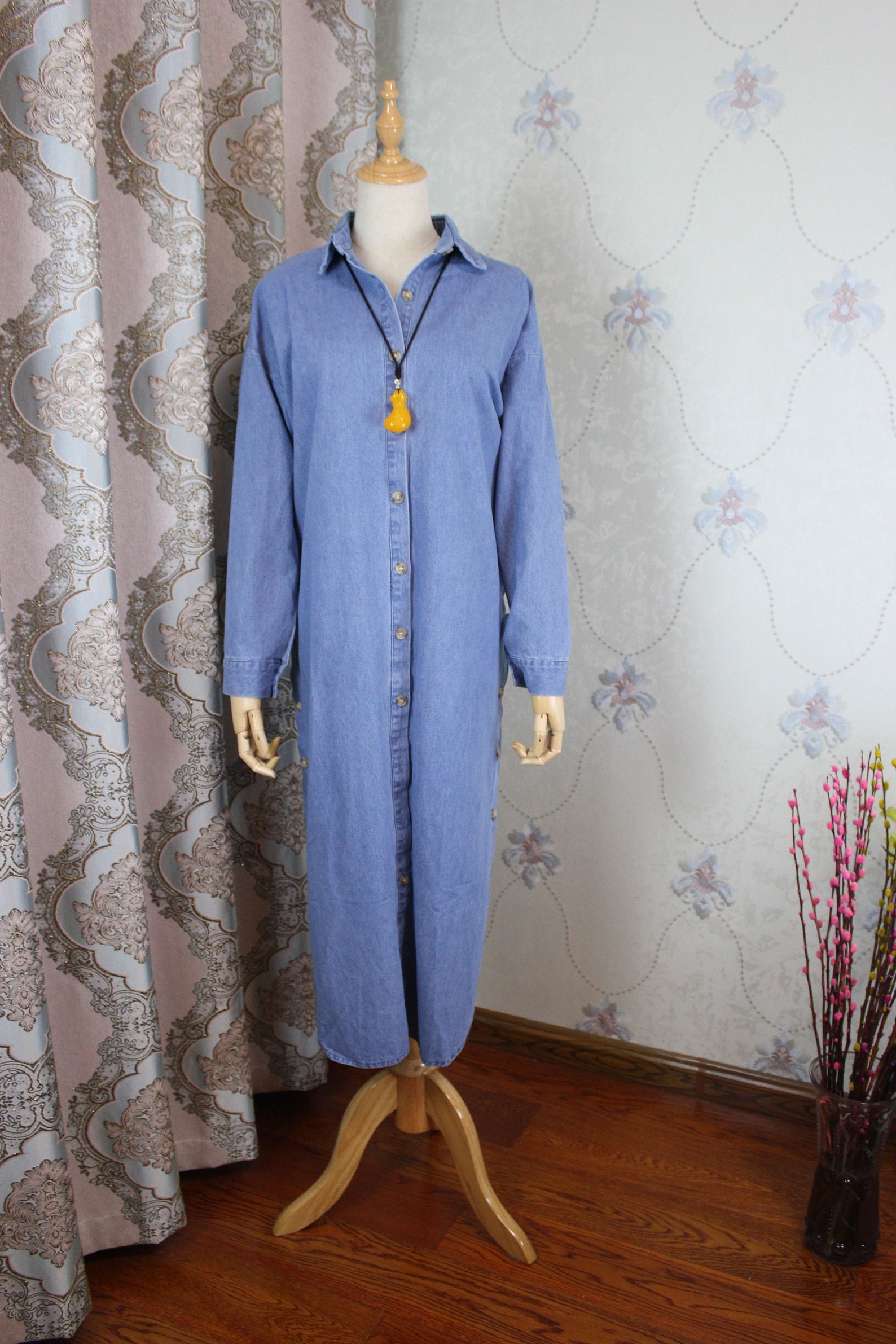 Women Denim Long Dress Denim Shirt Dress Single Breasted Etsy