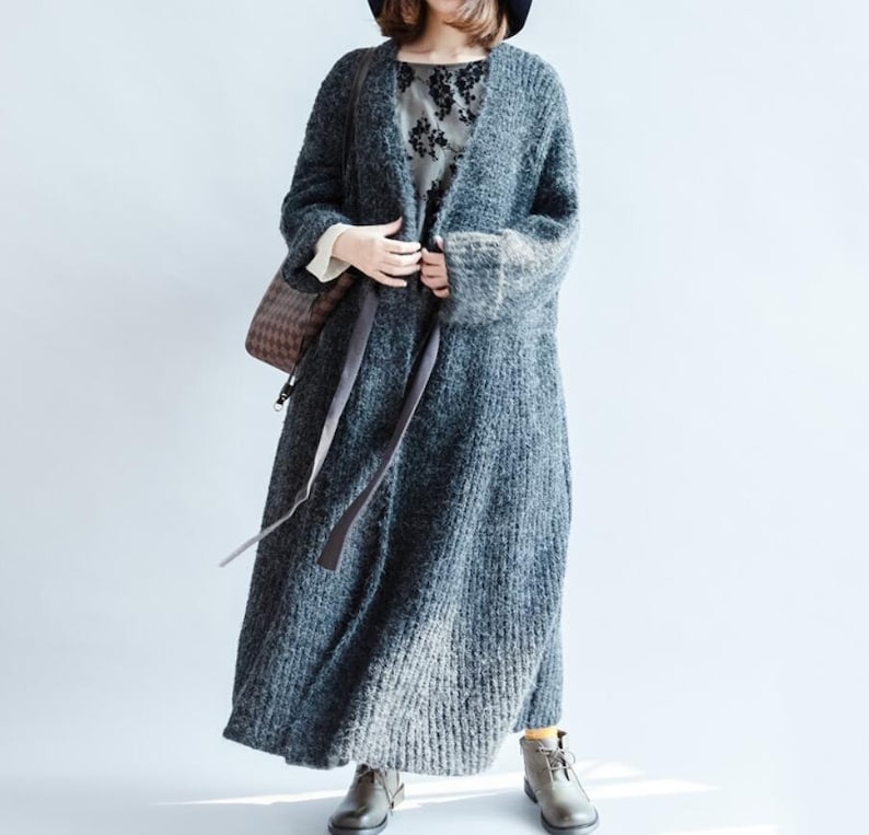 Women long coat Dark gray sweater coat Waist tie long Etsy