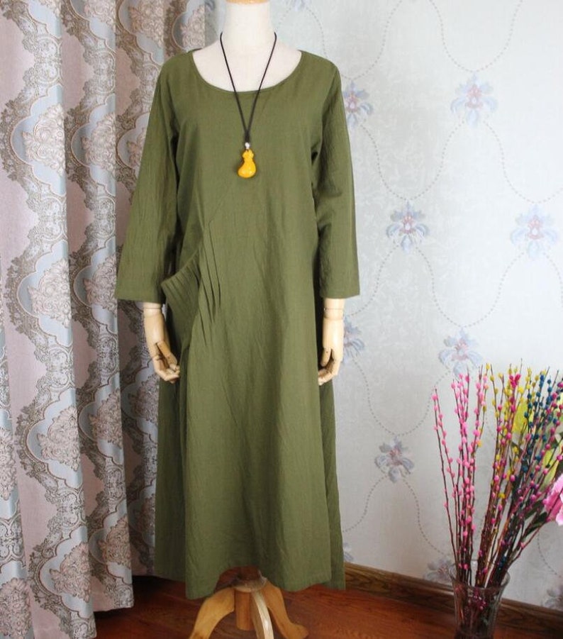 Linen Midi Dress Olive Green Dresses Linen Kaftan Women | Etsy