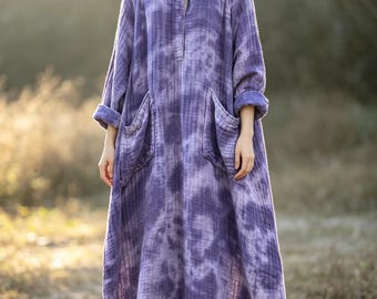 Women Linen Autumn maxi Dress, Loose Fit Retro Robe, Dresses with Pockets, Long sleeved dress