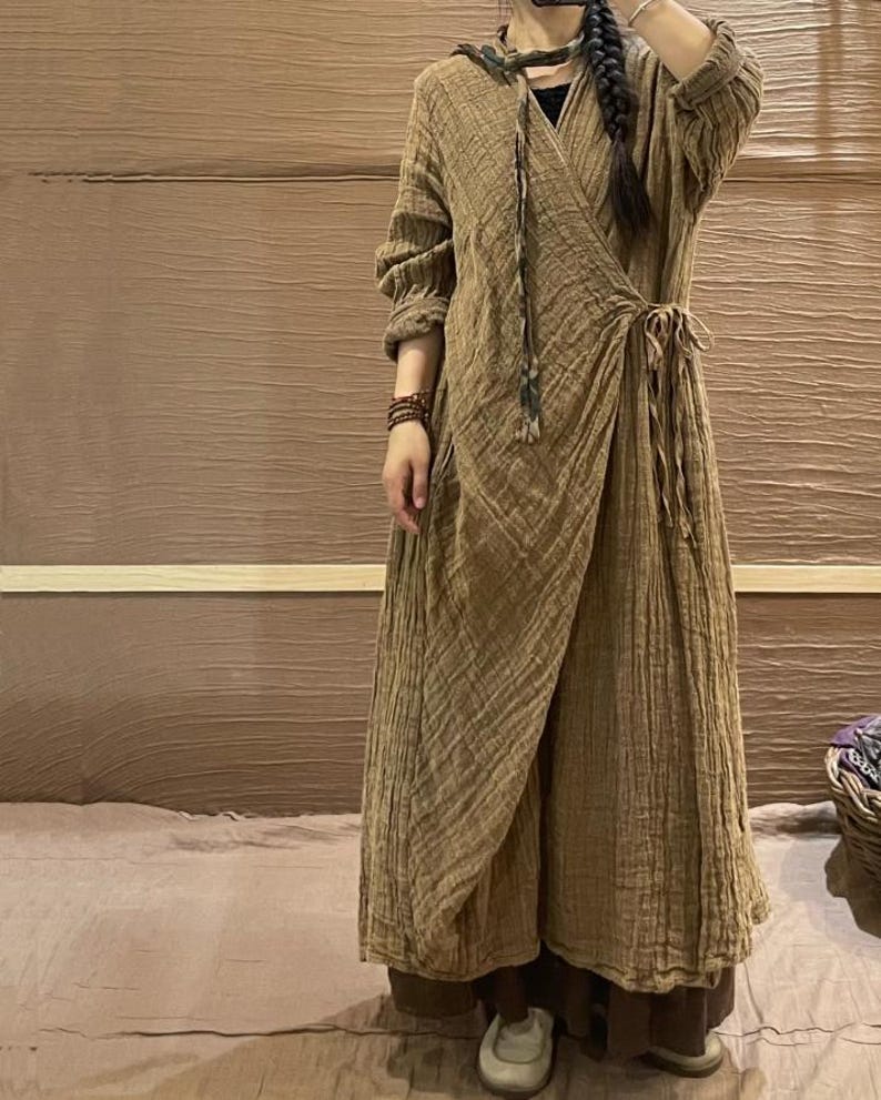Linen Maxi Dress for Women, Loose Spring Dress with Pockets, Vintage Long Sleeve Dresses khaki