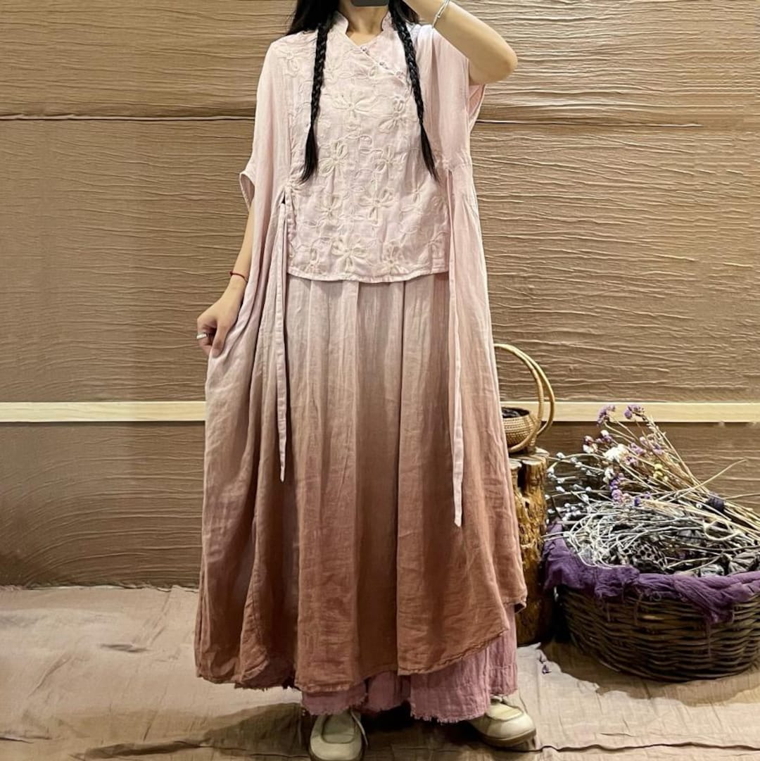 Summer Linen Maxi Dress/ Women Gradient Dress With Pockets UK